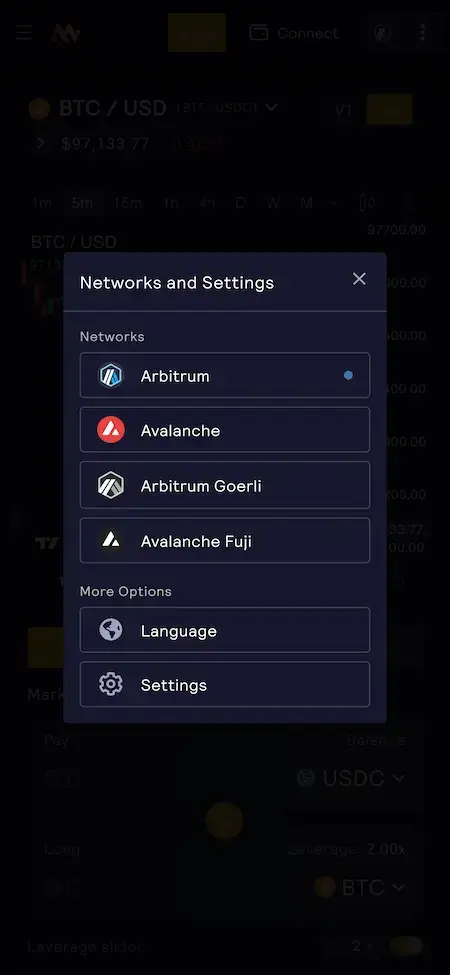 GMX Clone 18 GMX Clone Mobile App Settings Screen.