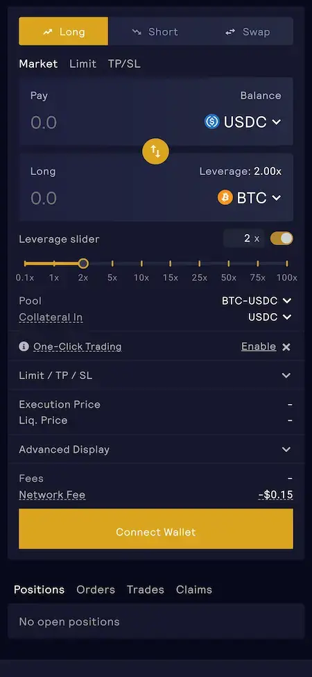 GMX Clone 16 GMX Clone Mobile App Screen dashboard showing trading values