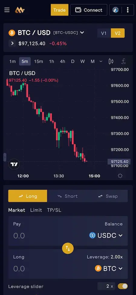 GMX Clone 21 GMX Clone Mobile App BTC/USD Screen.
