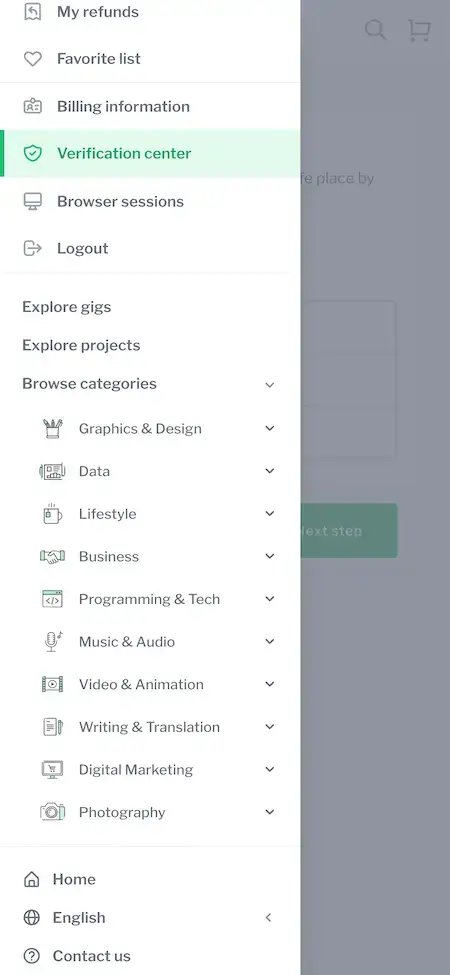 Fiverr Clone 17 Screen of Fiverr Clone for the list of Menu.