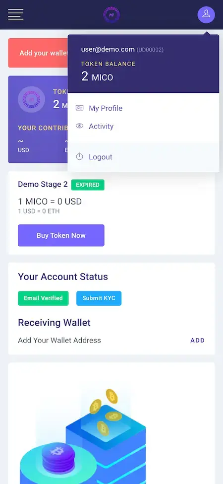 ICO Launchpad 16 ICO Launchpad Mobile App Screen demo account status