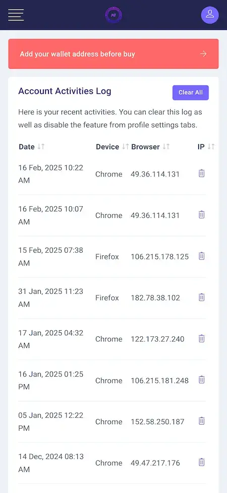 ICO Launchpad 20 ICO Launchpad Mobile App Activity Log Screen.