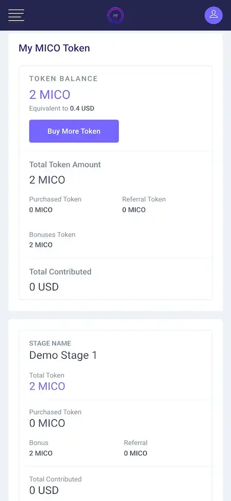 ICO Launchpad 19 ICO Launchpad Mobile App MICO Token Screen.