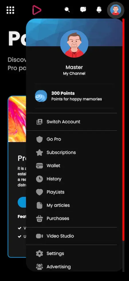 YouTube Clone 17 youtube Clone my channel Menu Screen.