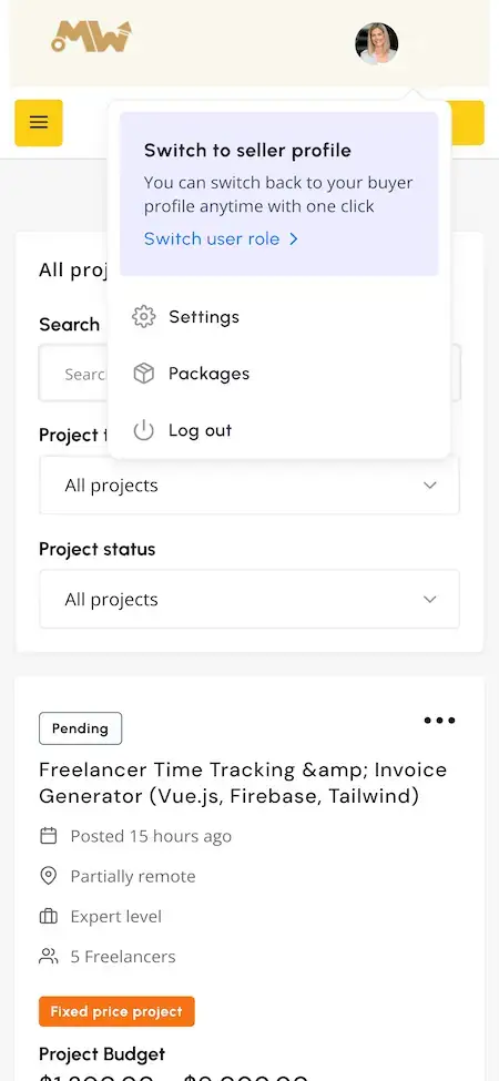 Upwork Clone 22 Upwork Clone Mobile Admin screen.
