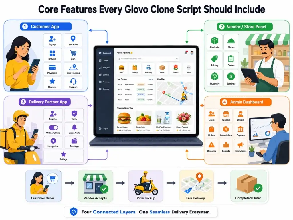 Best Glovo Clone Script in 2026: Features & Pricing Compared 1 Glovo clone script architecture featuring customer app, vendor panel, delivery partner app, and admin dashboard