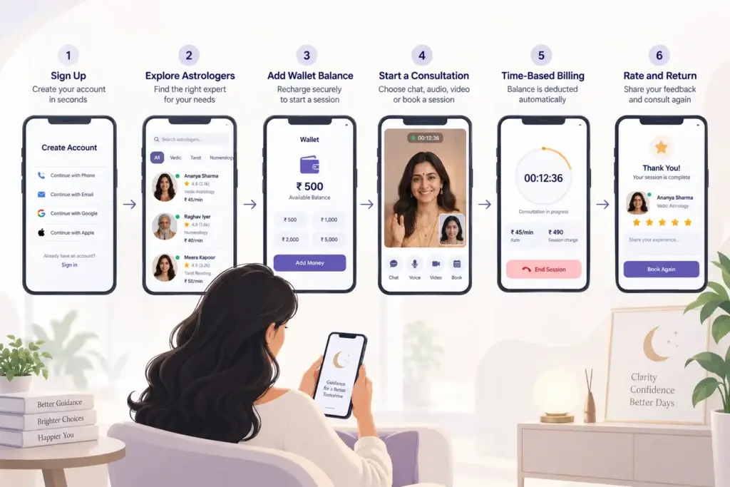 What Is an Astrology Consultation Platform and How Do Chat, Calls, Wallets, and Astrologer Sessions Work? 1 Astrology consultation platform user journey from account registration and astrologer discovery to wallet recharge, consultation, billing, rating, and rebooking.