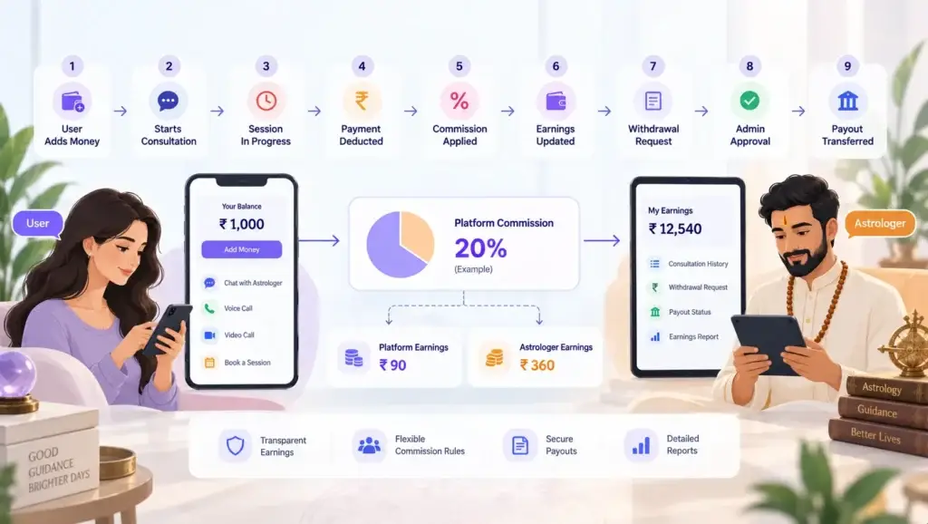 What Is an Astrology Consultation Platform and How Do Chat, Calls, Wallets, and Astrologer Sessions Work? 2 Astrology platform payment flow showing wallet recharge, consultation billing, platform commission, astrologer earnings, withdrawal approval, and payout transfer.