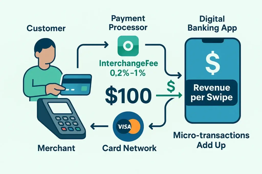 Revenue Model For Digital Banking 1 Infographic showing the revenue breakdown from a debit card swipe in a digital banking app transaction