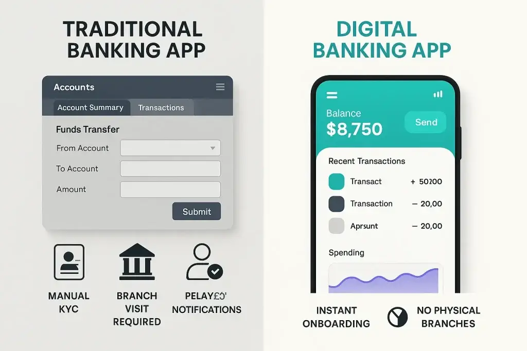 Business Model For Digital Banking 1 Infographic comparing outdated traditional banking UI with modern digital banking interface