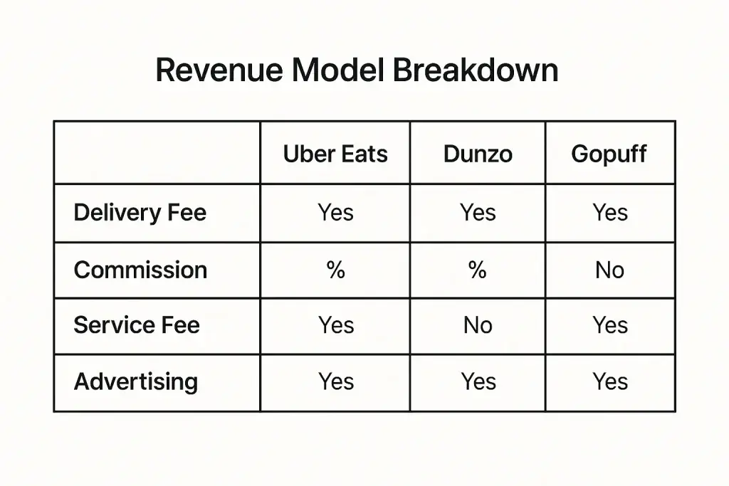 Business Model for On-Demand Hyperlocal Delivery Service 3 A table in the image titled Revenue Model Breakdon