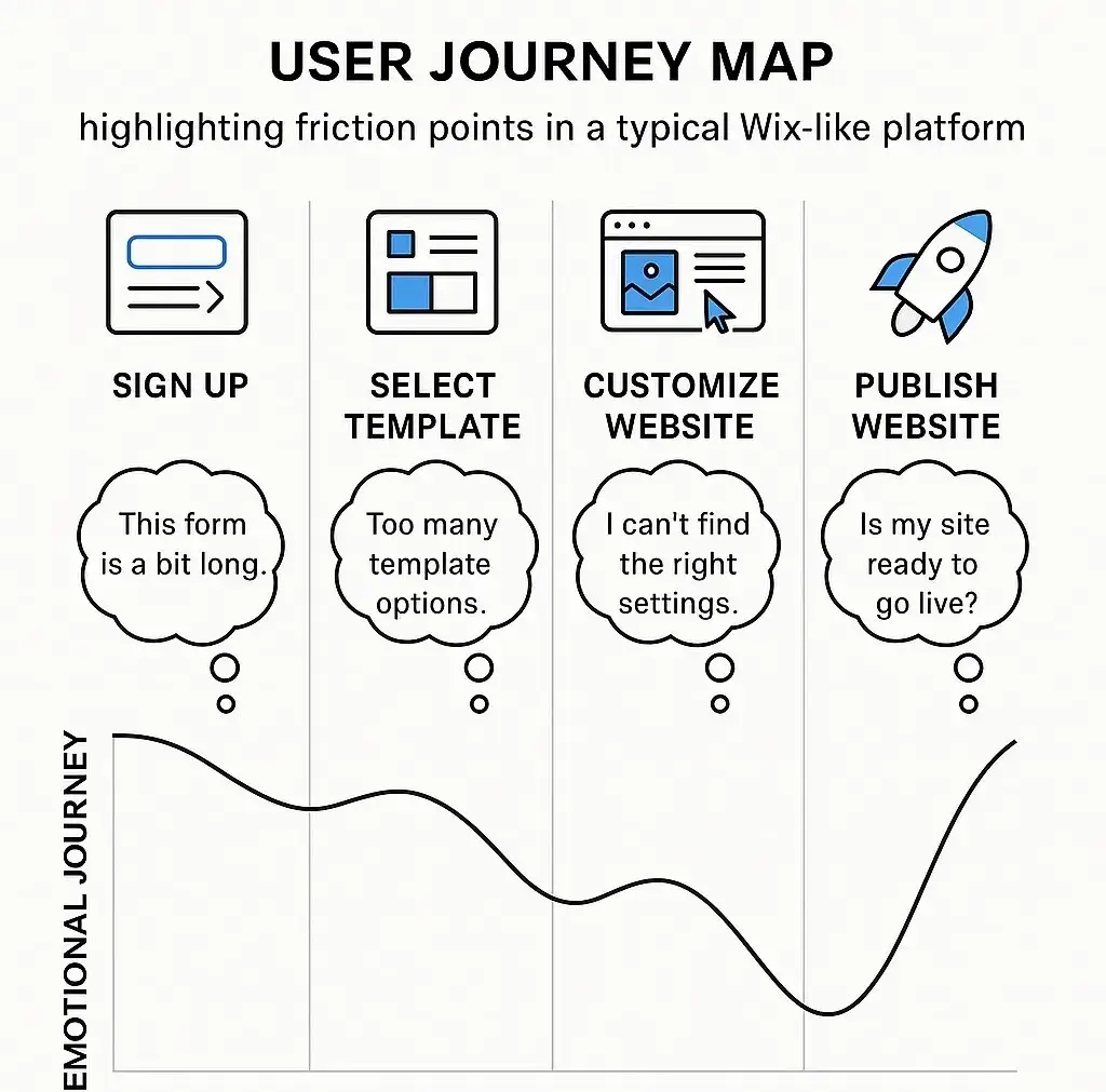 Top 5 Mistakes Startups Make When Building a Wix Clone 2 A user journey map infographic illustrates