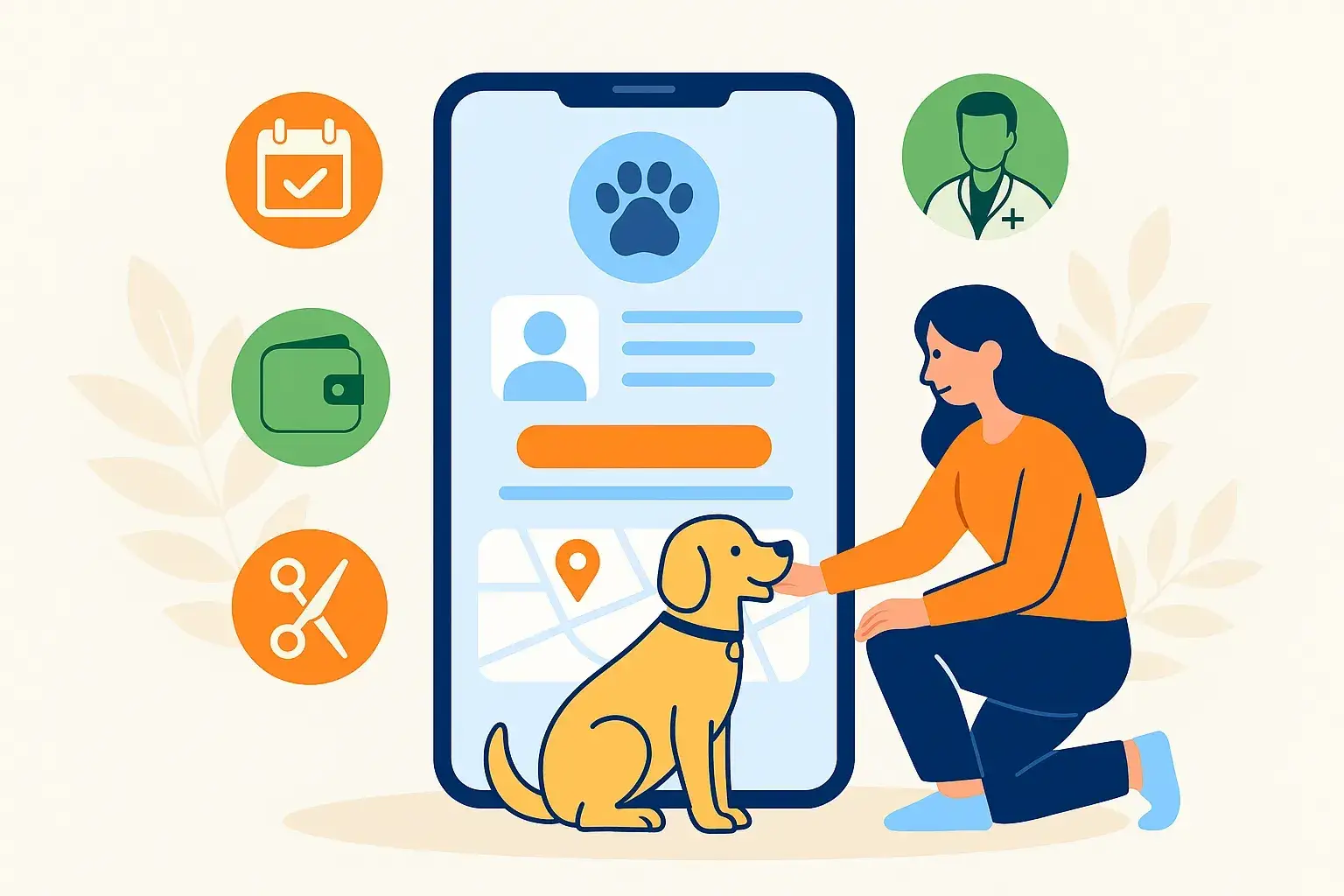 Woman kneeling beside a dog next to a phone showing a pet profile, map and vet booking icons