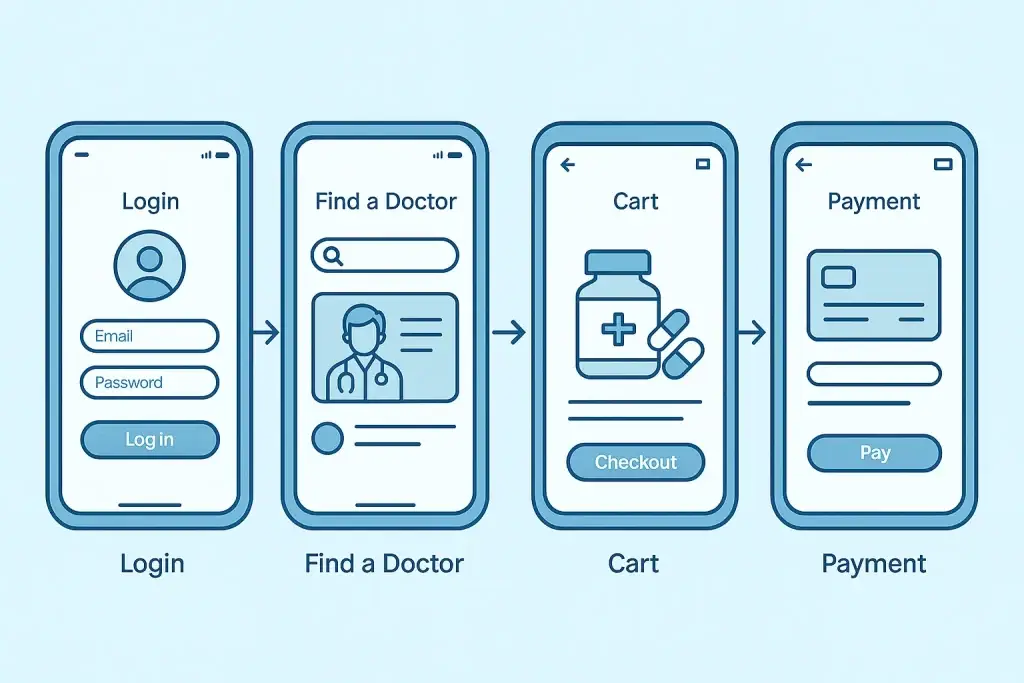 How to Develop Online Pharmacy & Healthcare App 2 Flat-style digital illustration showing a four-step onboarding flow for a healthcare app. The sequence includes screens labeled: "Login" (email and password fields), "Find a Doctor" (search bar and doctor profile), "Cart" (pill bottle and checkout button), and "Payment" (credit card form and pay button). Each screen is connected by right-facing arrows, set against a light blue background for clarity and user flow representation.