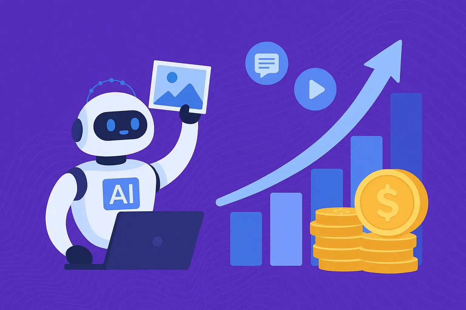 Robot marked AI holds an image thumbnail beside a rising bar chart, arrow and stacks of dollar coins