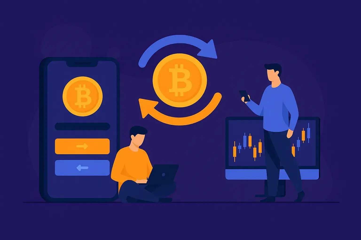 Two traders around a large Bitcoin coin with exchange arrows, a phone wallet screen and a candlestick chart