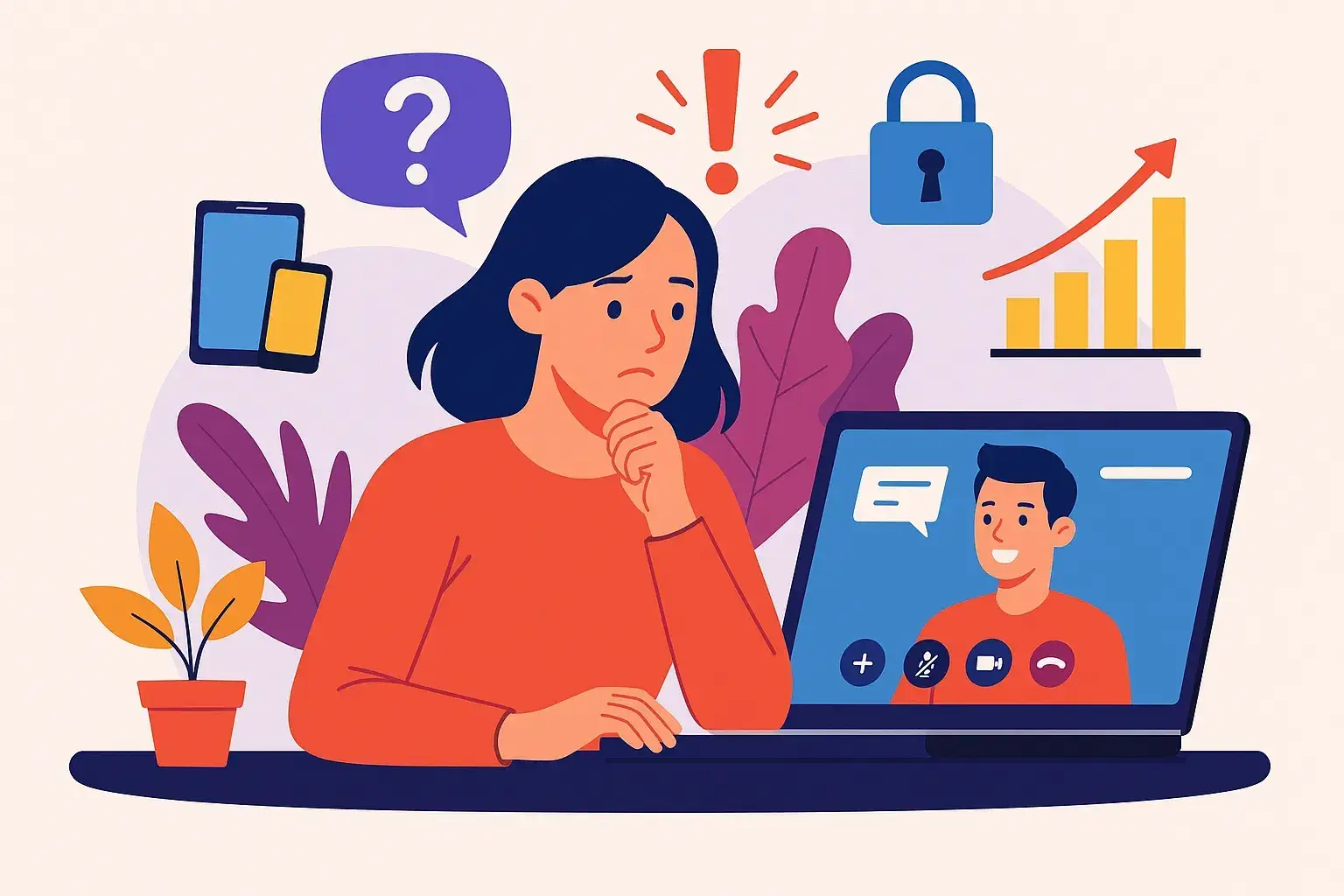 Woman looks doubtful at a laptop video call while question mark, padlock and rising chart icons float around her