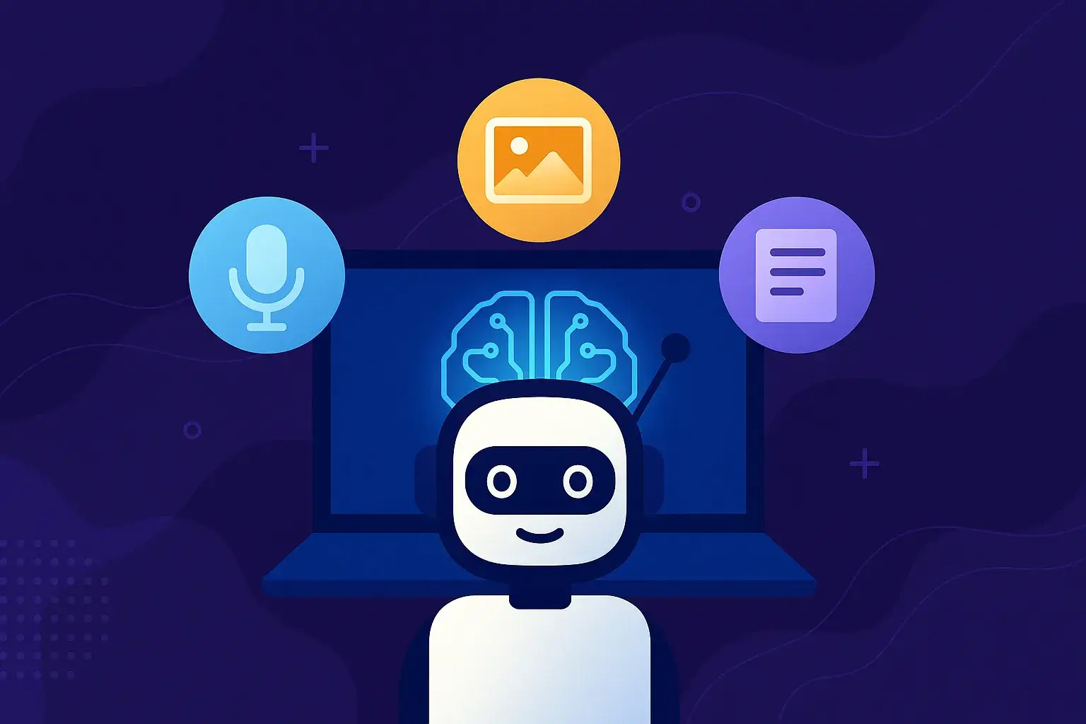 Smiling robot in front of a laptop showing a glowing circuit brain, with mic, image and text icons above