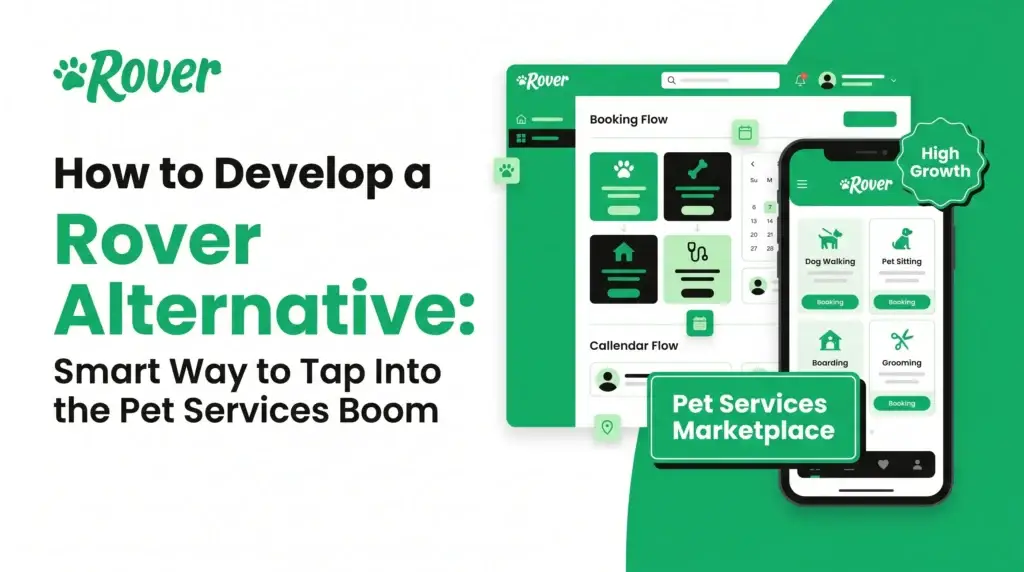 Rover alternative banner showing a pet services marketplace app with dog walking, pet sitting, boarding, grooming, booking flow, calendar flow, and high-growth pet service features.