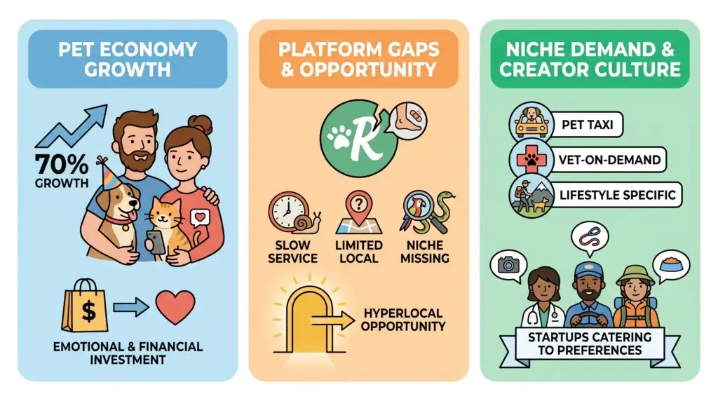 How to Develop a Rover Alternative: Smart Way to Tap Into the Pet Services Boom 1 Infographic showing Rover alternative market opportunities with pet economy growth, platform gaps, hyperlocal pet services, niche demand, pet taxi, vet-on-demand, and lifestyle-specific pet care.