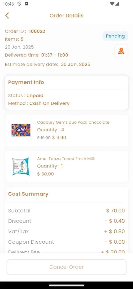 Grofers Clone 16 Grofers clone app order detail Screenshot