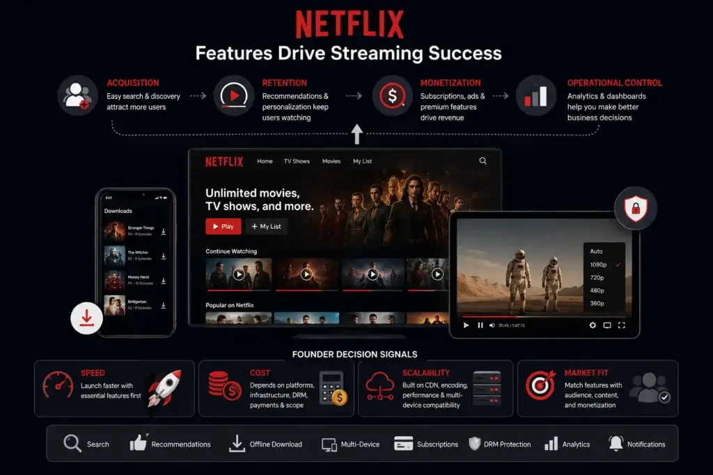 20 Key Features of Streaming Video Apps Like Netflix 1 streaming platform like Netflix features infographic showing user acquisition, retention, monetization, DRM protection, offline downloads, analytics, and multi-device streaming capabilities.