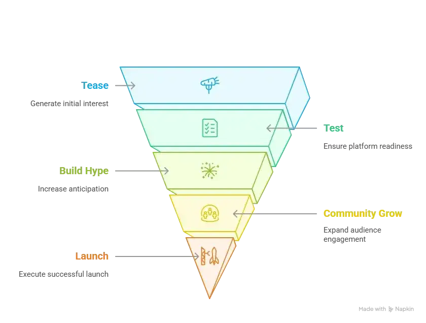 Pre-launch vs Post-launch Marketing for Pinksale Clone Startups 1 Infographic showing pre-launch timeline stages for a Pinksale clone