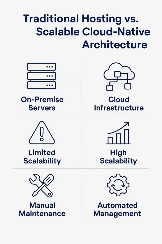 Top 5 Mistakes Startups Make When Building a Paxful Clone 2 Traditional Hosting vs Cloud Architecture Infographic