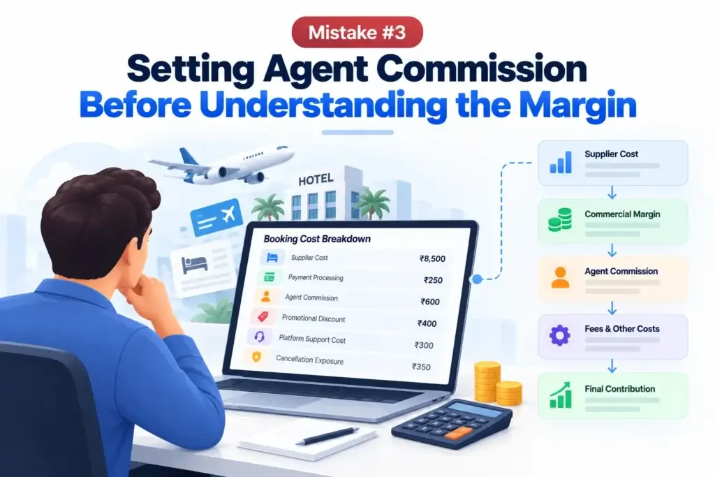 What Mistakes Should Startups Avoid When Launching a B2B Travel Booking Platform? 1 B2B travel booking platform mistakes showing supplier cost, commercial margin, agent commission, fees, and final contribution before setting agent commission.