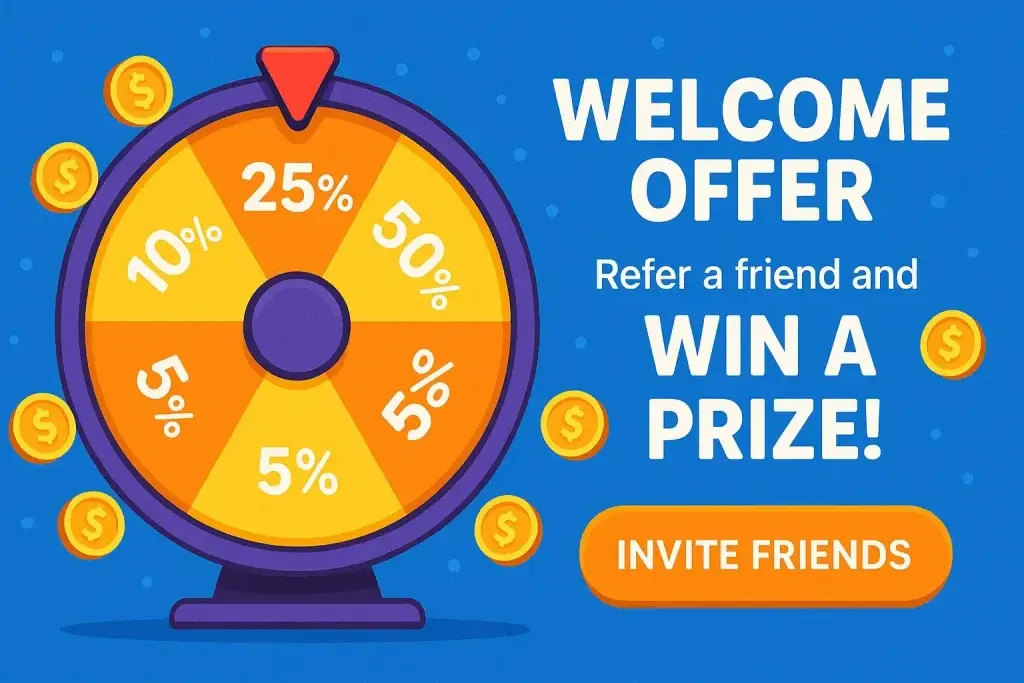 How to Market a Pharmacy Marketplace Successfully After Launch 3 "Colorful promotional graphic showing a spinning prize wheel with discount percentages (5%, 10%, 25%, 50%) and gold coins around it. Text on the right reads: 'Welcome Offer – Refer a friend and win a prize!' with an orange button labeled 'Invite Friends'."