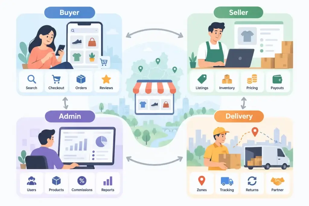 Regional Ecommerce Marketplace Development Options: Ready-Made Platform, Custom Build, or Modular Approach? 2 Core features of a regional ecommerce marketplace for buyers, sellers, delivery partners, and platform administrators.