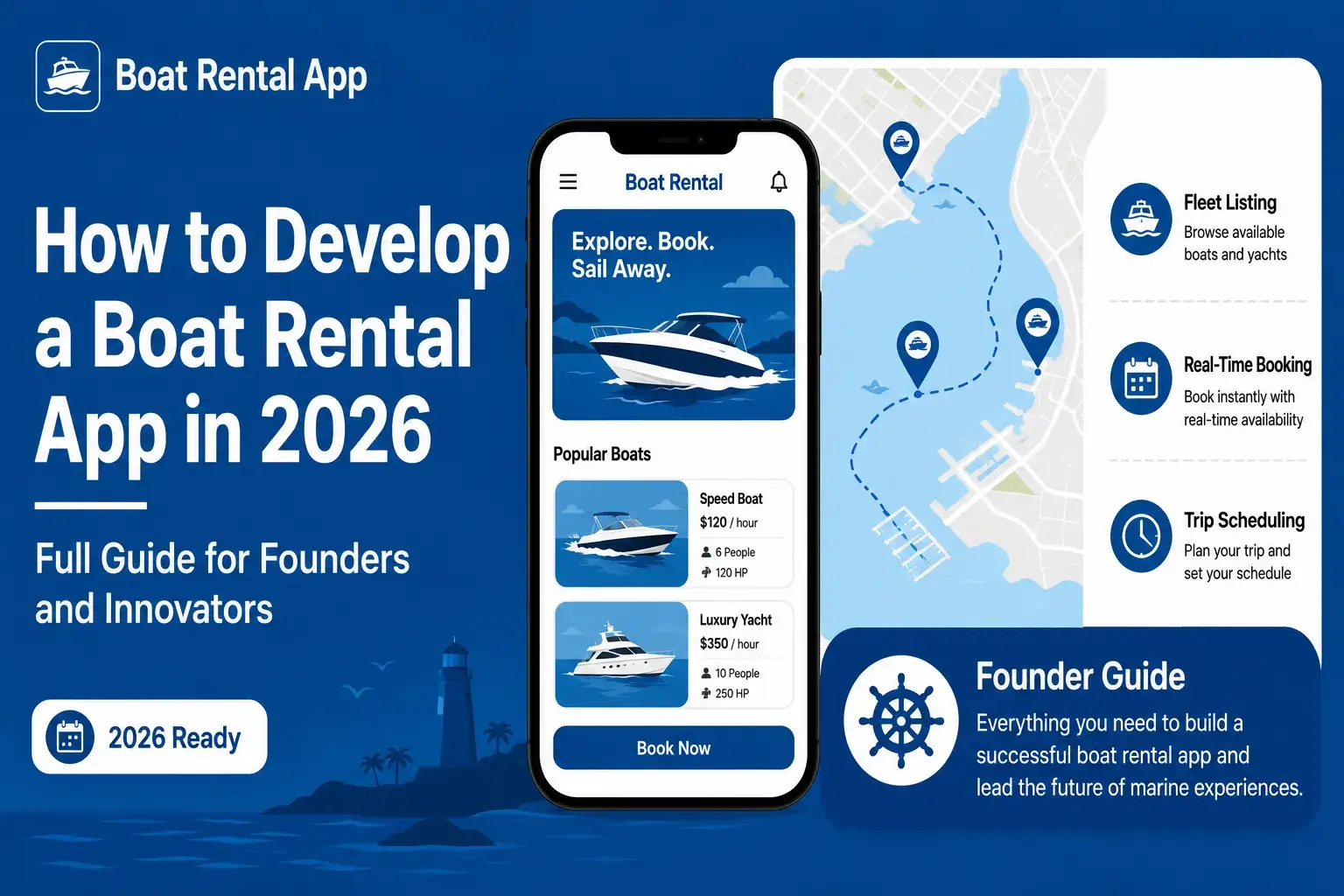 Boat rental app development visual showing fleet listings, real-time booking, trip scheduling, map-based boat locations, yacht rentals, and founder guide for 2026.