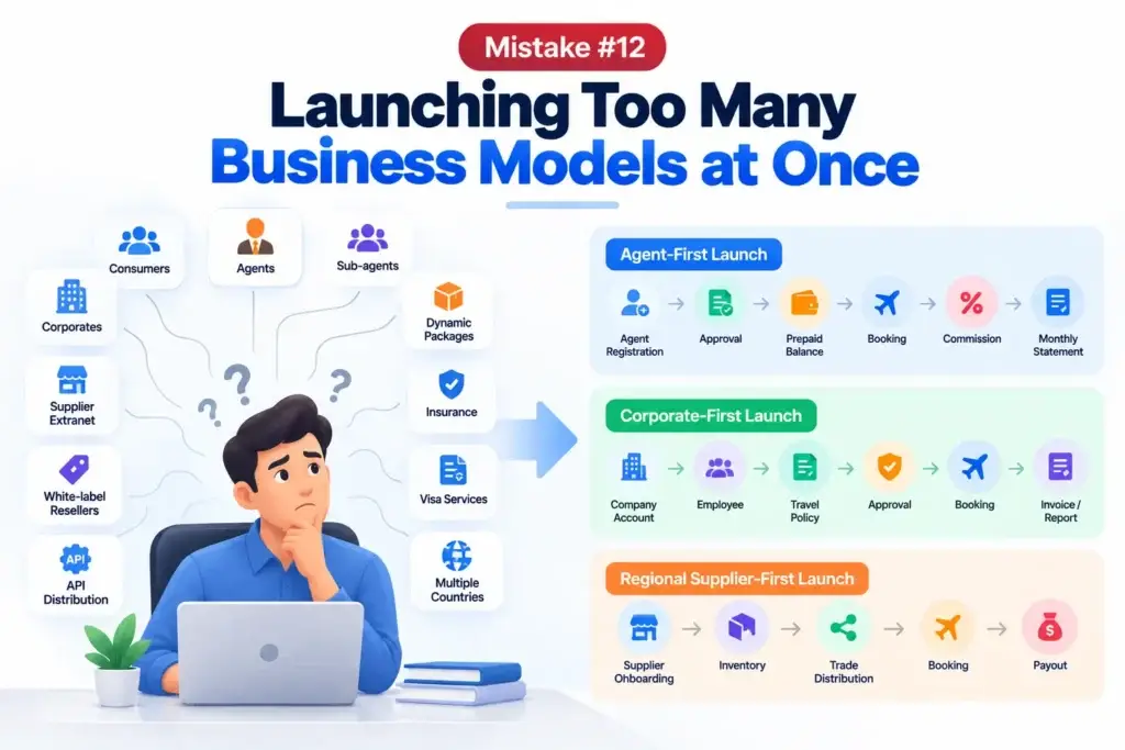 What Mistakes Should Startups Avoid When Launching a B2B Travel Booking Platform? 2 B2B travel platform showing multiple business models including consumers, agents, corporates, suppliers, white-label resellers, APIs, insurance, and regional supplier workflows.