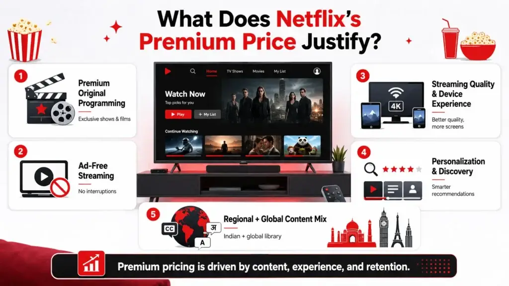 Netflix vs Other OTTs in India: Is the Premium Price Worth It? 1 Netflix premium price guide visual showing original programming, ad-free streaming, 4K device experience, personalization, content discovery, and regional plus global content value.