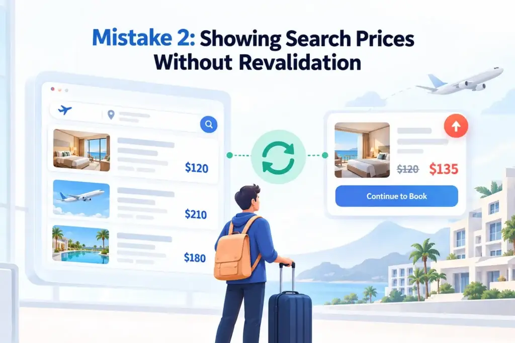 What Mistakes Should Startups Avoid When Launching an Online Travel Agency Platform? 1 online travel agency platform mistakes showing search prices without revalidation before booking