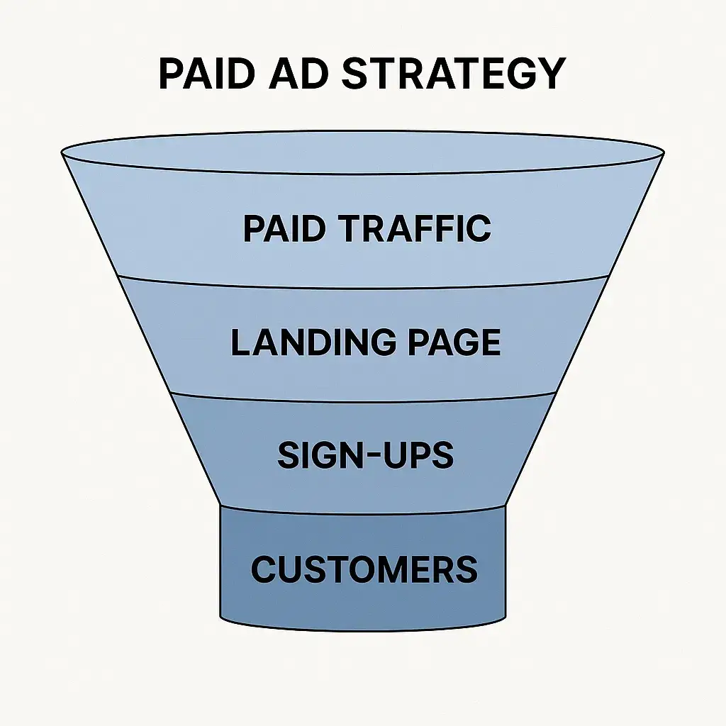 How to Market a Website Builder SaaS Platform App Successfully After Launch 3 paid ad strategy funnel diagram
