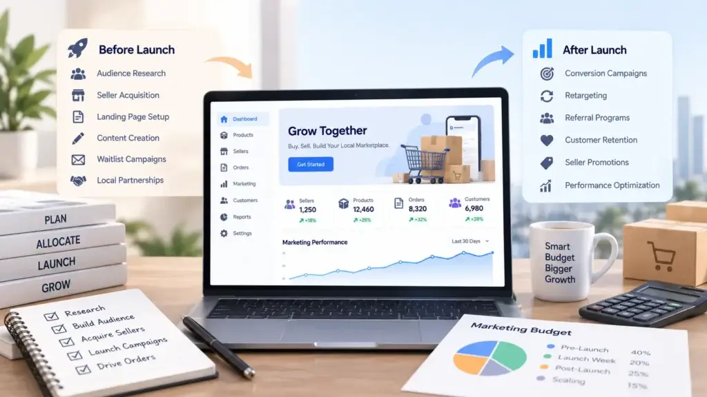 Pre-Launch vs Post-Launch Marketing for a Regional Ecommerce Marketplace: What Should Startups Prioritize? 2 Marketing for regional ecommerce showing pre-launch and post-launch budget priorities for seller acquisition, campaigns, retention, and growth.