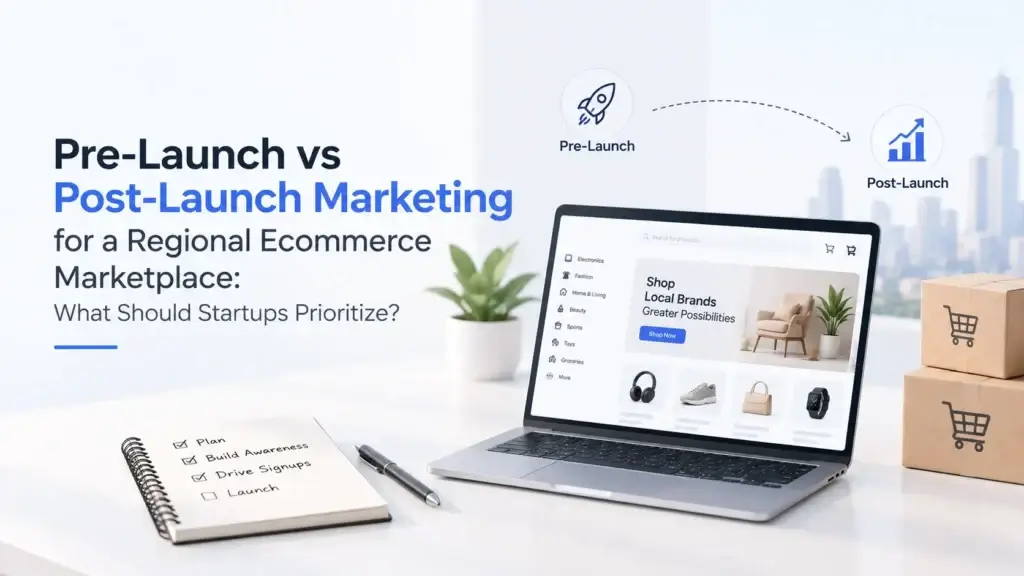 Pre-launch vs post-launch marketing for a regional ecommerce marketplace, helping startups prioritize awareness, signups, conversions, and growth.
