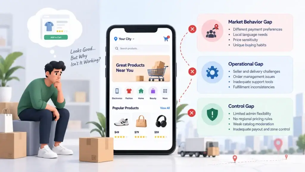 Regional Ecommerce Marketplace Launch Mistakes: What Startups Should Avoid When Entering New Markets 1 Regional ecommerce marketplace launch gaps involving local buyer behavior, seller operations, delivery, pricing, and admin controls.