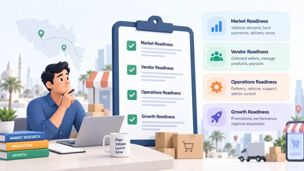 Regional Ecommerce Marketplace Launch Mistakes: What Startups Should Avoid When Entering New Markets 2 Regional ecommerce marketplace launch readiness checklist covering market, vendors, operations, and growth.
