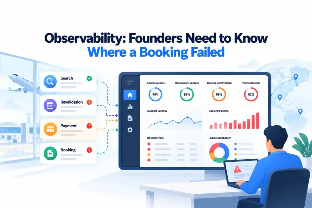 From Travel Search to Confirmed Booking: How an Online Travel Agency Platform Works Behind the Scenes 2 Travel booking observability dashboard showing search, revalidation, payment, booking status, and failure monitoring