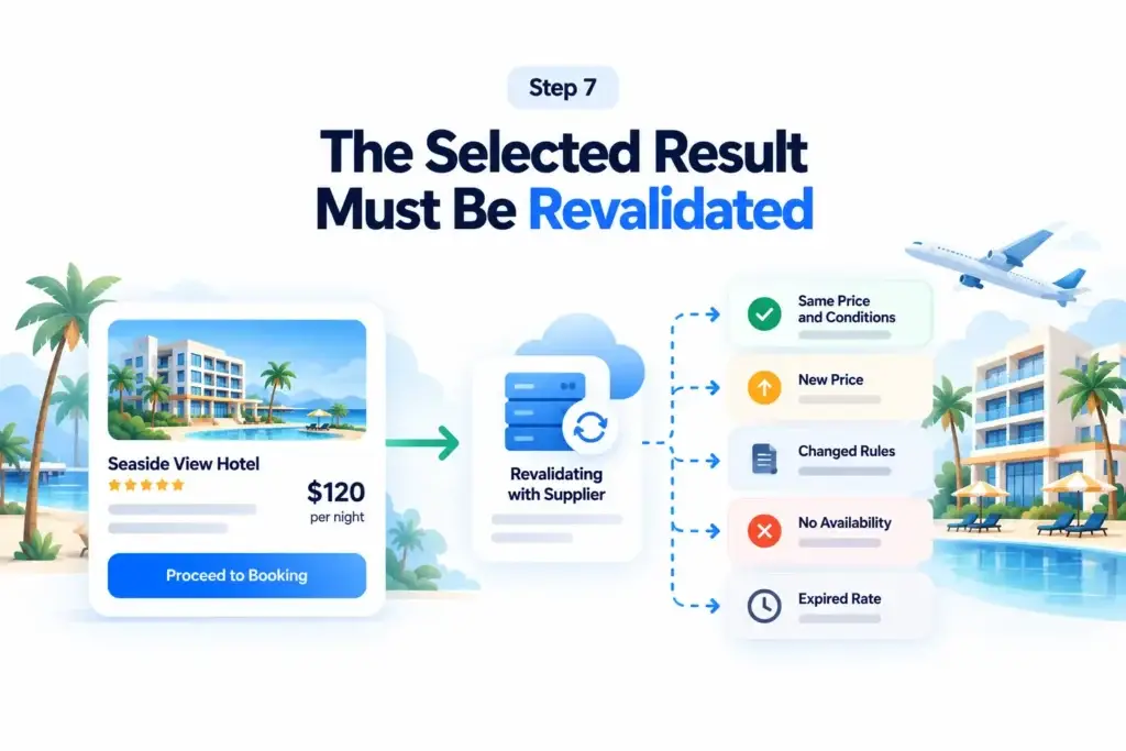 From Travel Search to Confirmed Booking: How an Online Travel Agency Platform Works Behind the Scenes 1 online travel booking workflow result revalidation process checking price, availability, rate changes, and booking conditions