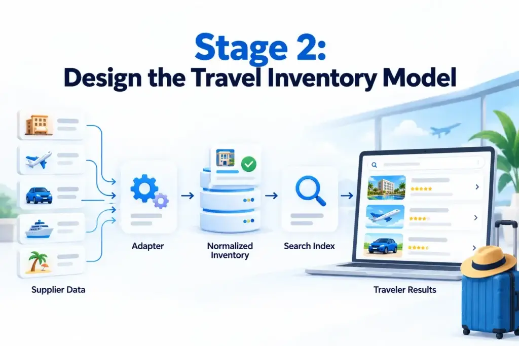 Online Travel Agency Platform Development Roadmap: Inventory, Integrations, Payments, Testing, and Launch 1 Travel inventory model showing supplier data normalization search indexing and traveler results