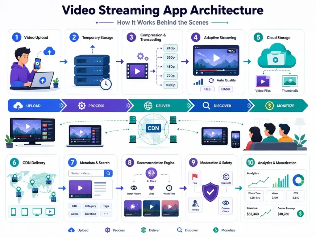 How to Develop a Video Sharing and Streaming Platform App 1 Video streaming app architecture infographic showing video upload, temporary storage, transcoding, adaptive streaming, cloud storage, CDN delivery, search, recommendations, moderation, analytics, and monetization.