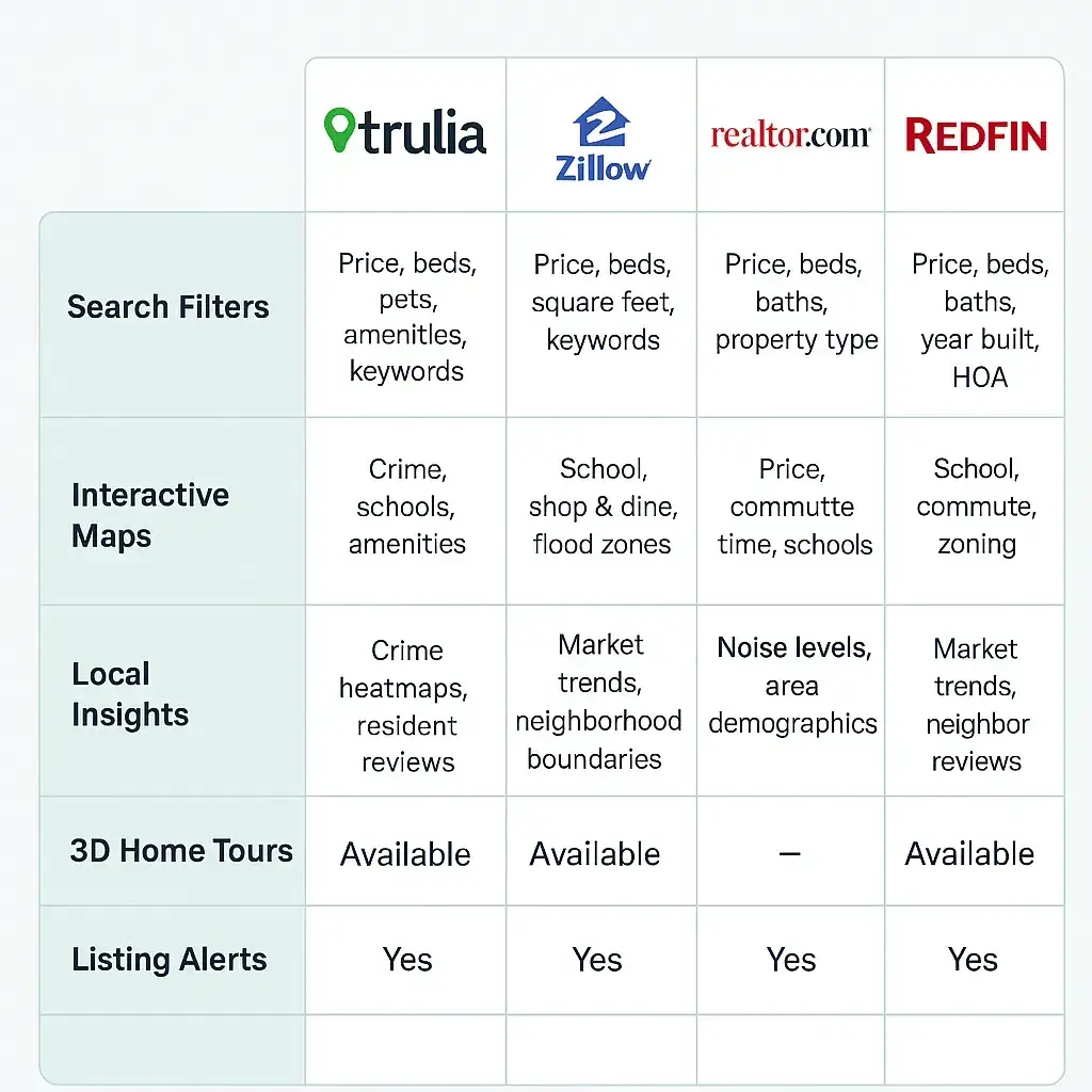What is Trulia App and How Does It Work? 1 Infographic comparing real estate apps Trulia, Zillow, Realtor.com, and Redfin across features like search filters, interactive maps, local insights, 3D home tours, and listing alerts.