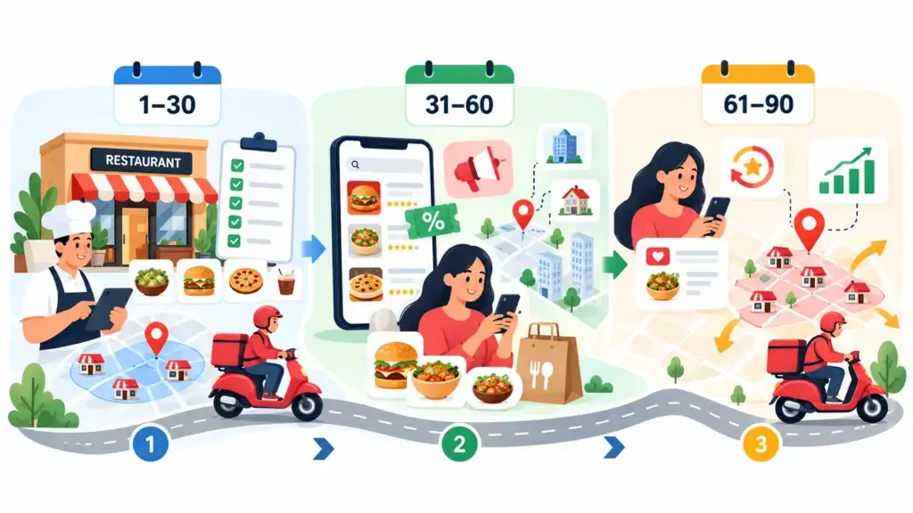 Growth Strategy for an On-Demand Food Delivery Platform: Restaurant Supply, Local Demand, and Repeat Orders 2 90-day food delivery platform growth roadmap covering restaurant onboarding, customer acquisition, local demand, repeat orders, and zone expansion.