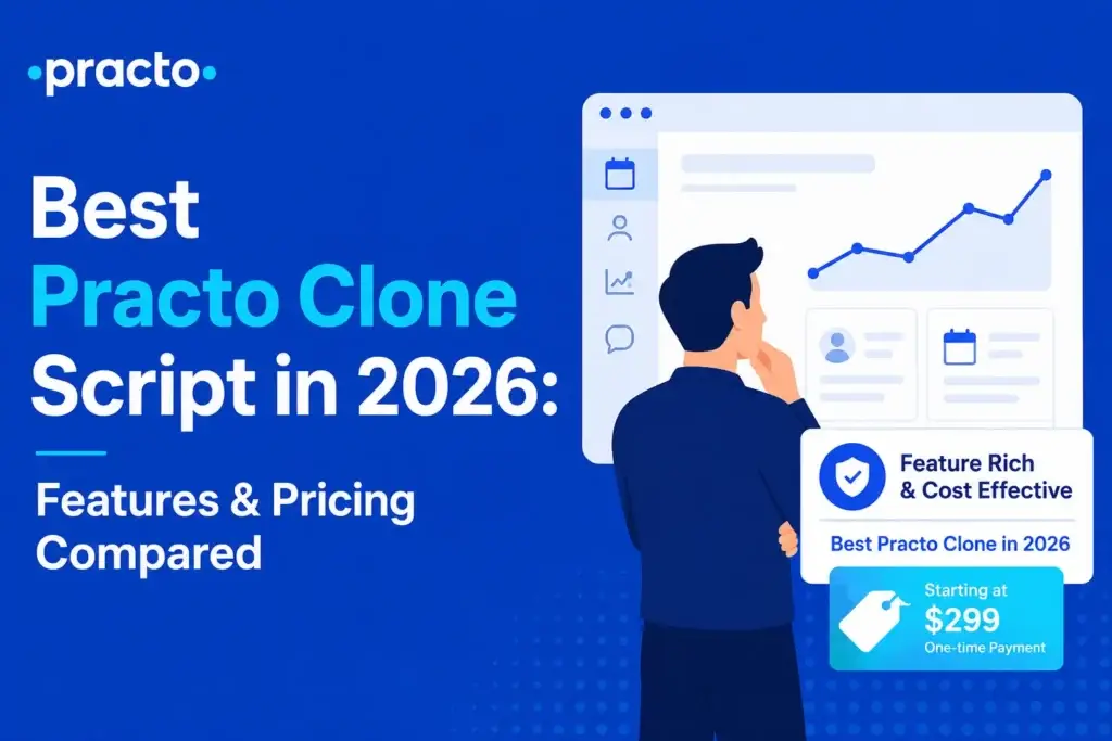Best Practo clone script in 2026 banner featuring healthcare dashboard analytics, appointment management interface, feature-rich telemedicine platform, and pricing comparison for healthcare startups.