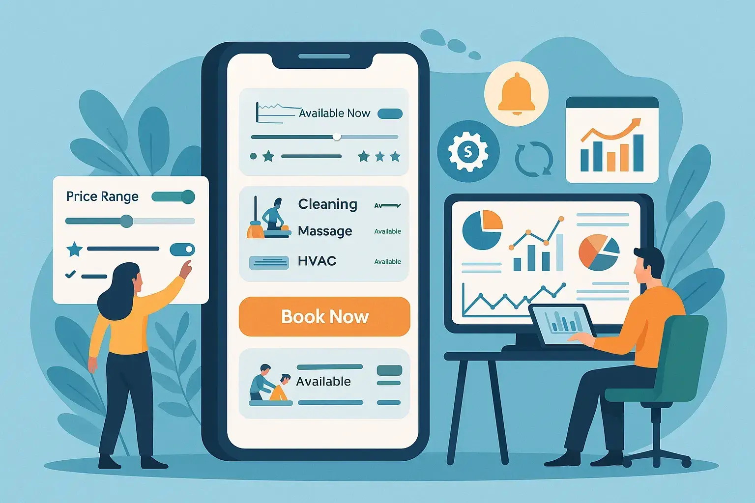 Thumbtack Clone 57 Illustration of a person setting a price range and a booking button on a service app beside a colleague reviewing charts.
