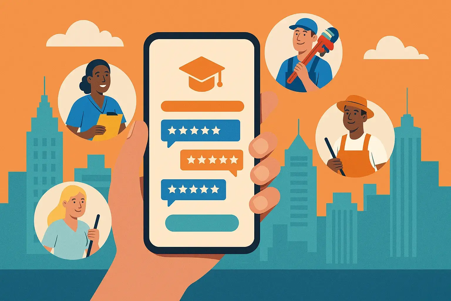 Thumbtack Clone 58 Illustration of a hand holding a phone with star ratings beside local professionals in a city.