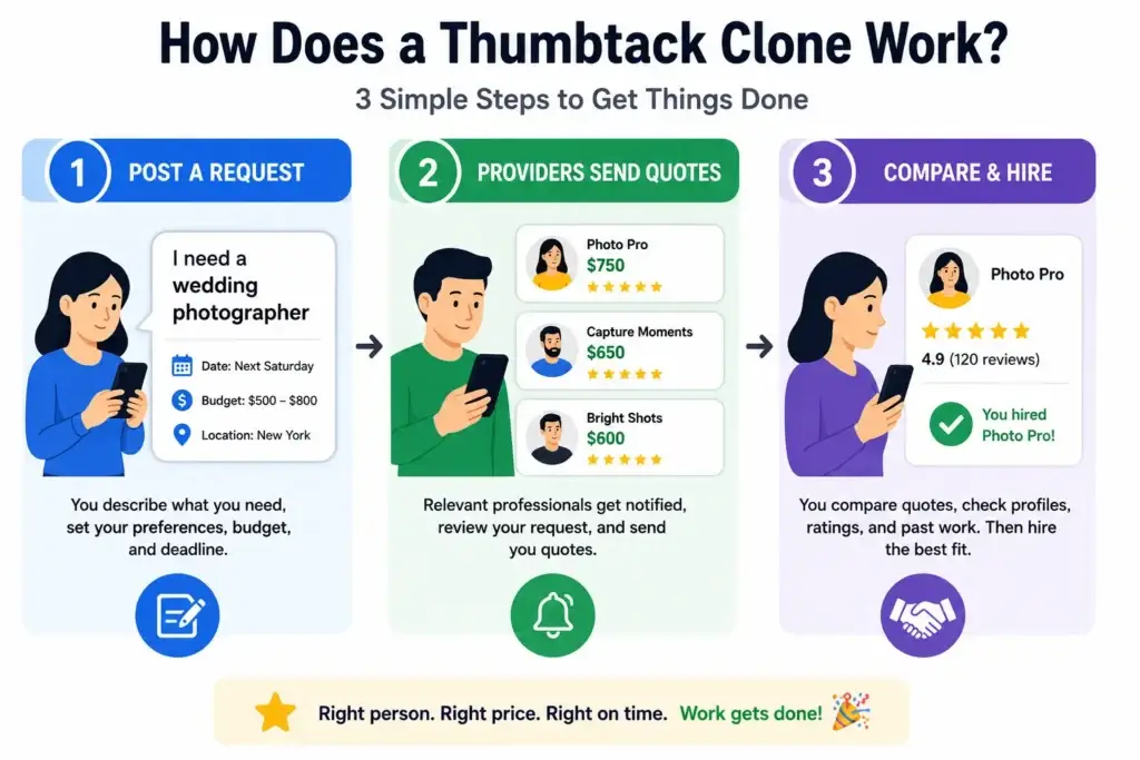 Reasons startup choose our Thumbtack clone over custom development 1 Simple three-step infographic explaining how a Thumbtack clone works: customers post a service request with budget and deadline, relevant professionals send quotes, and customers compare profiles, ratings, and prices before hiring the best provider.